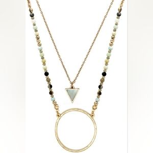 Hammered Gold Necklace NWT Double Layer Two Strand Beaded Boho Brown Natural